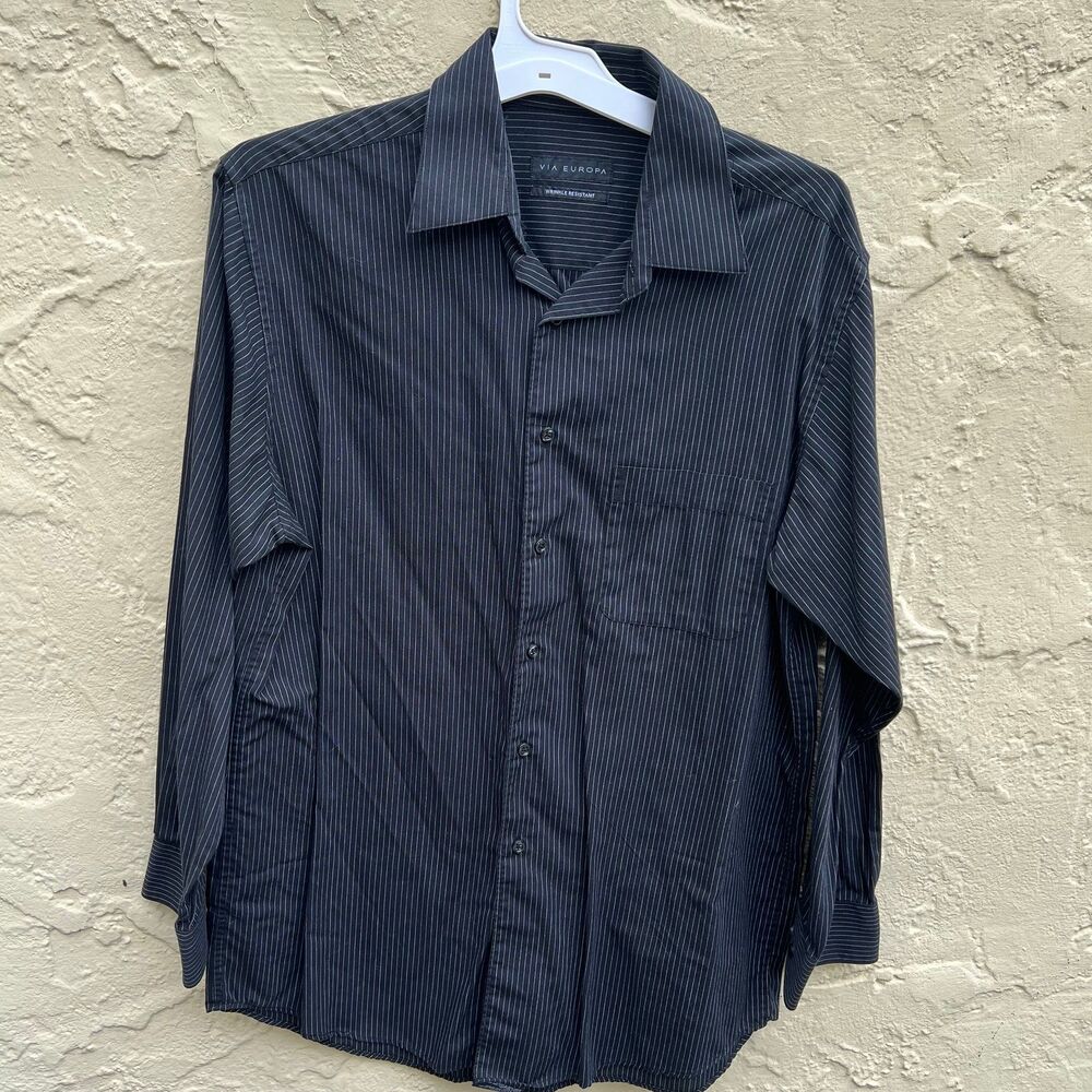 Via Europa Wrinkle Resistant Pinstripe Dress Shirt Black Long Sleeve Size medium